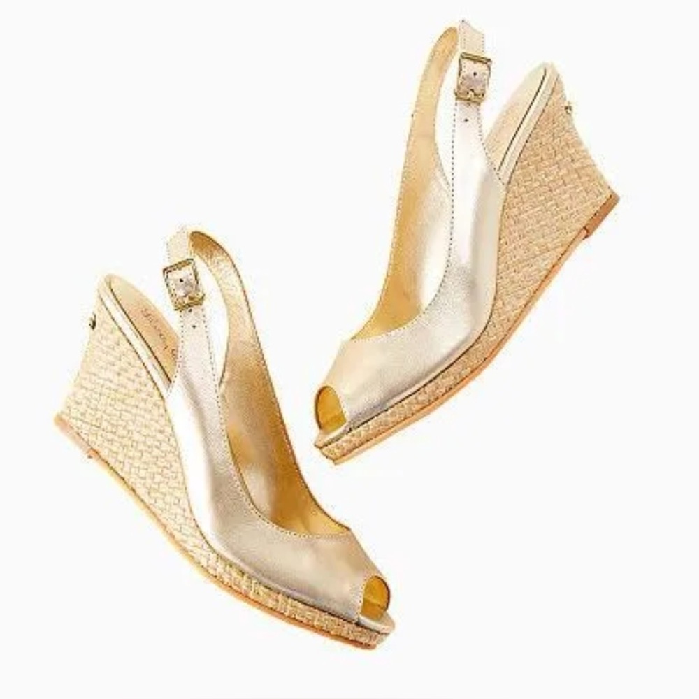 Lilly Pulitzer gigi gold metallic wedge sandal heels singback 8.5 - Picture 1 of 13